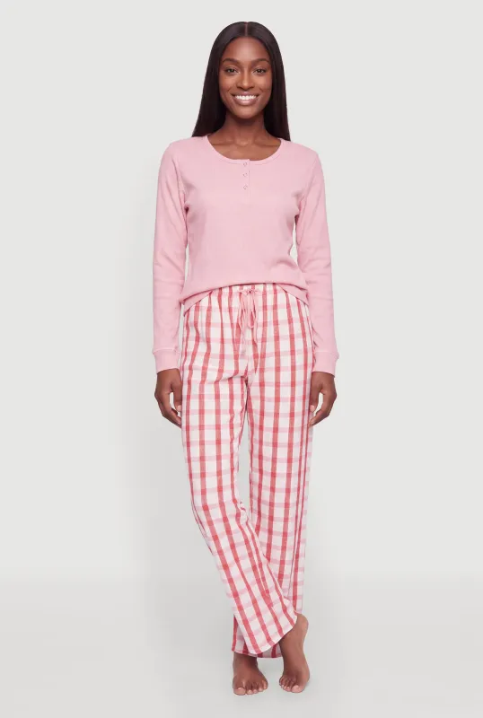 Waffle Knit Pajama Top and Plaid Lounge Pants made by Rainbow
