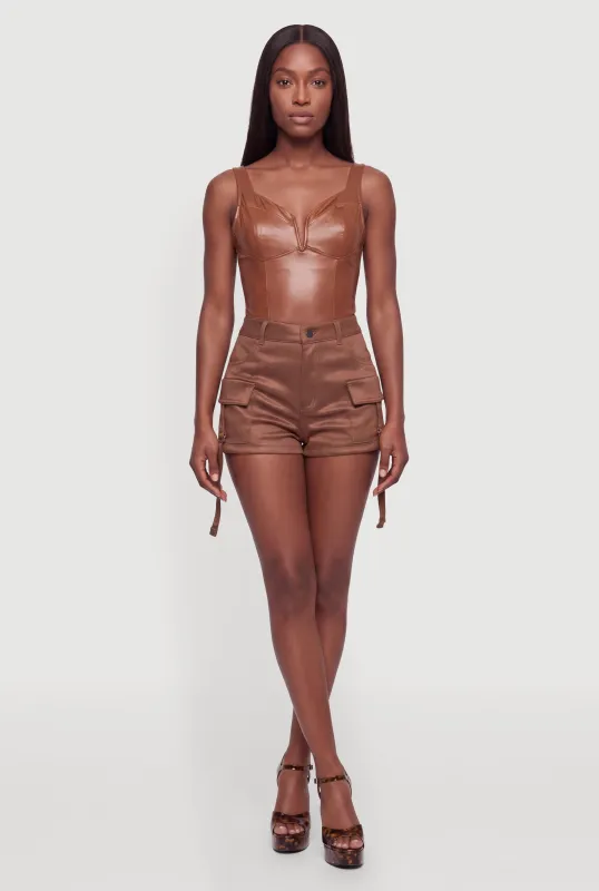 Faux Leather Notch Neck Bustier Bodysuit made by iris