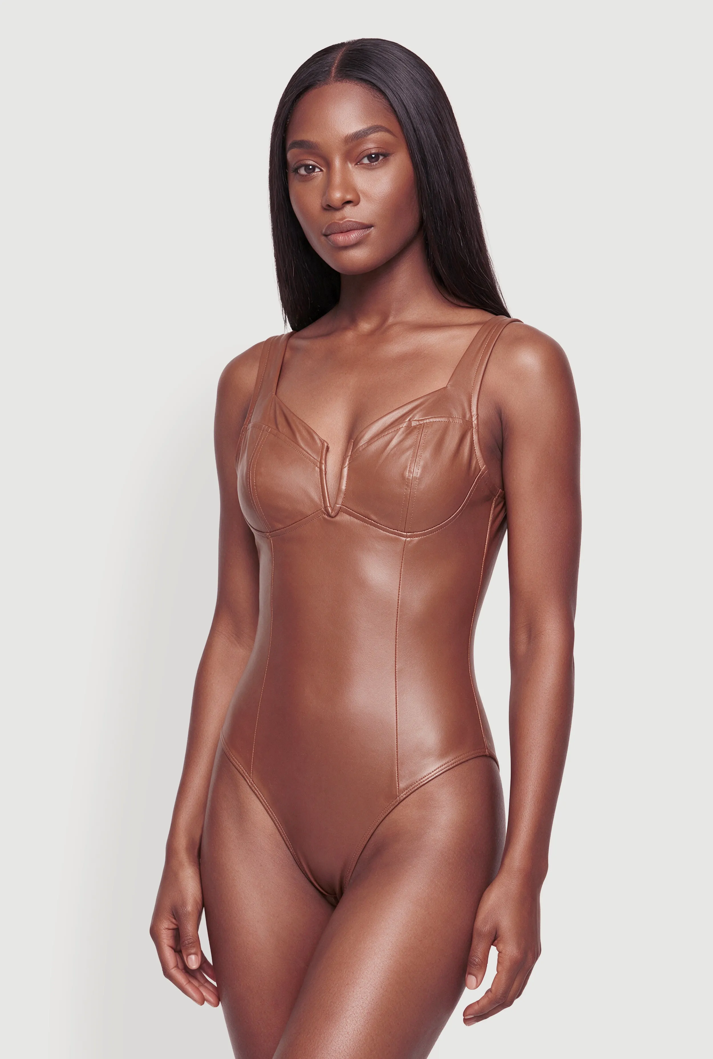 Faux Leather Notch Neck Bustier Bodysuit sold by Rainbow product image thumbnail 2