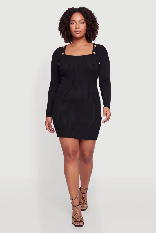 Plus Size Metallic Faux Button Detail Sweater Dress made by Rainbow