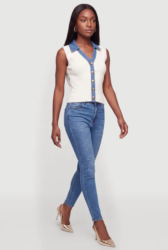 Sleeveless Denim Trim Button Front Sweater made by Rainbow