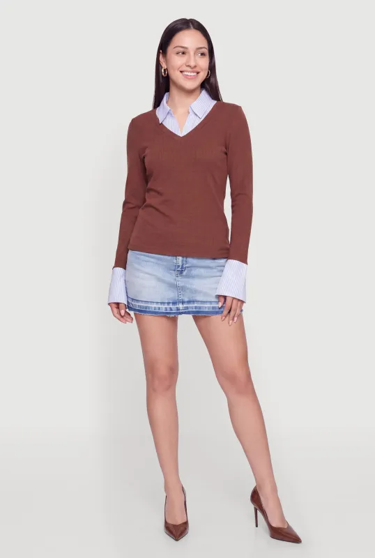 Striped Collar Layered Look Top made by iris