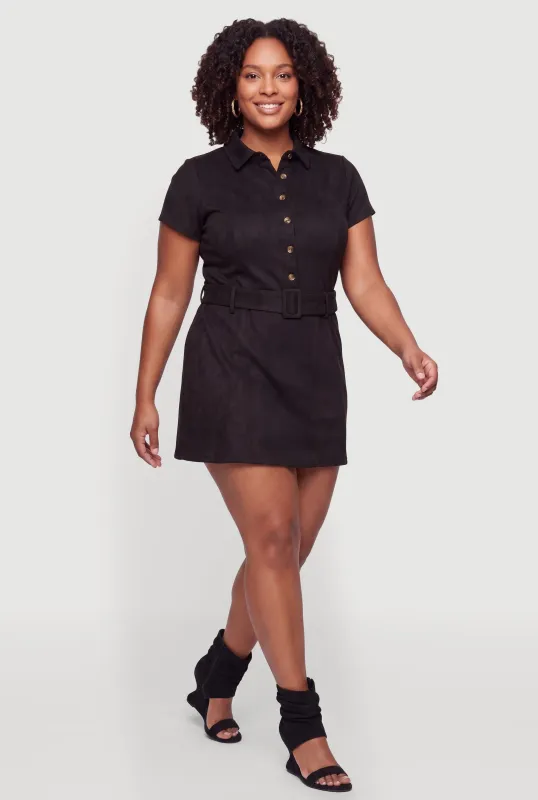 Plus Size Faux Suede Half Button Belted Shirt Dress made by Rainbow
