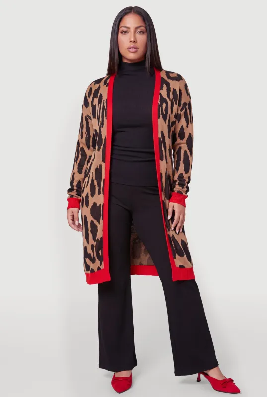 Plus Size Leopard Print Contrast Trim Long Cardigan made by Rainbow