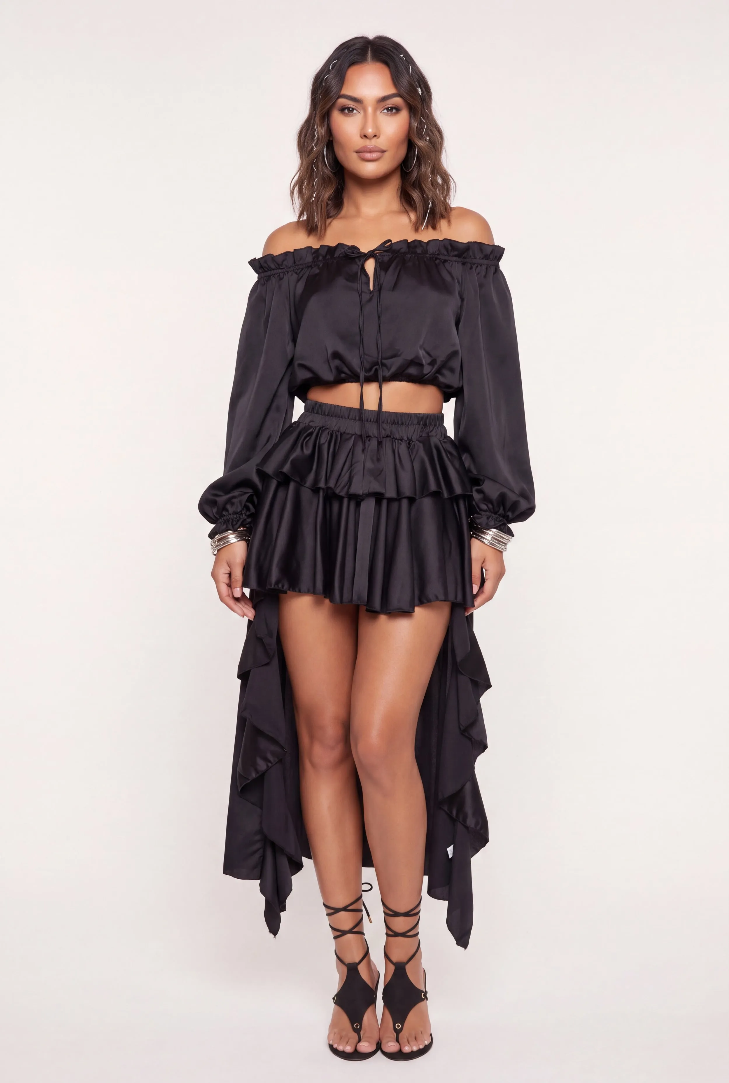 Satin Ruffle Tiered High Low Skirt sold by Rainbow