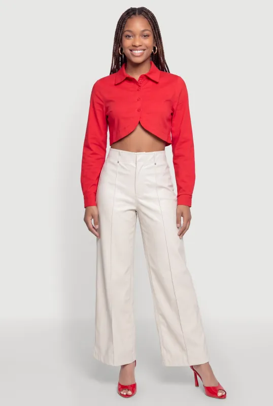 Button Front Tulip Hem Cropped Shirt made by Rainbow