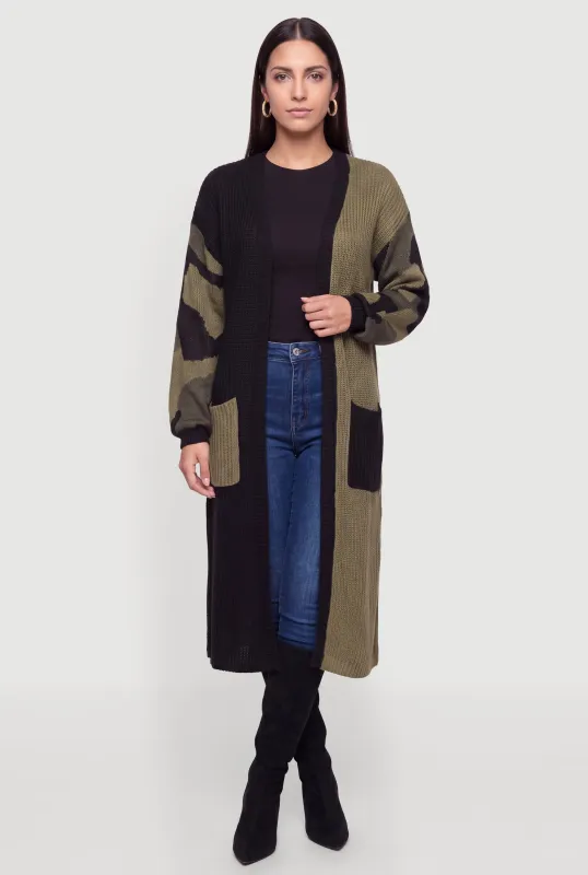 Color Blocked Camo Sleeve Open Front Long Cardigan made by Rainbow