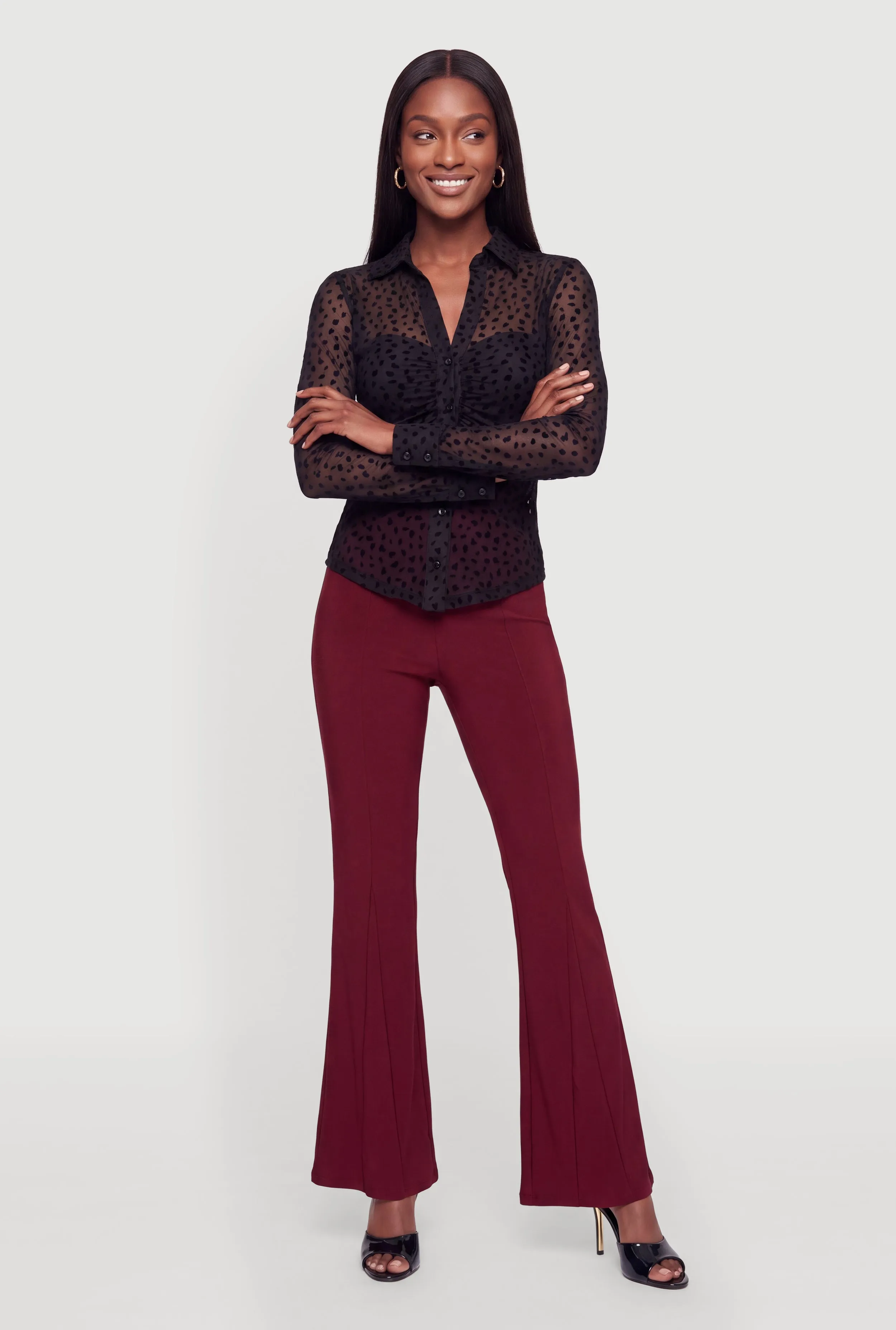 Animal Print Velvet Burnout Ruched Button Front Top sold by Rainbow