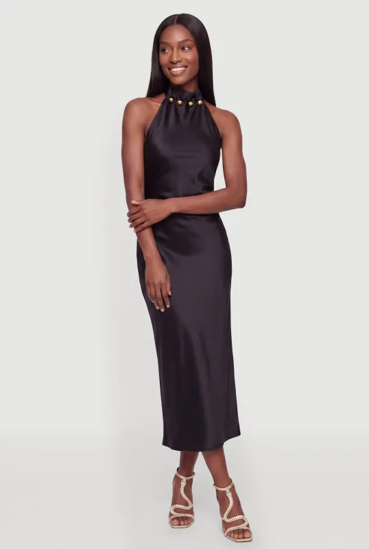 Metallic Beaded Detail Tie Back Halter Dress made by Rainbow