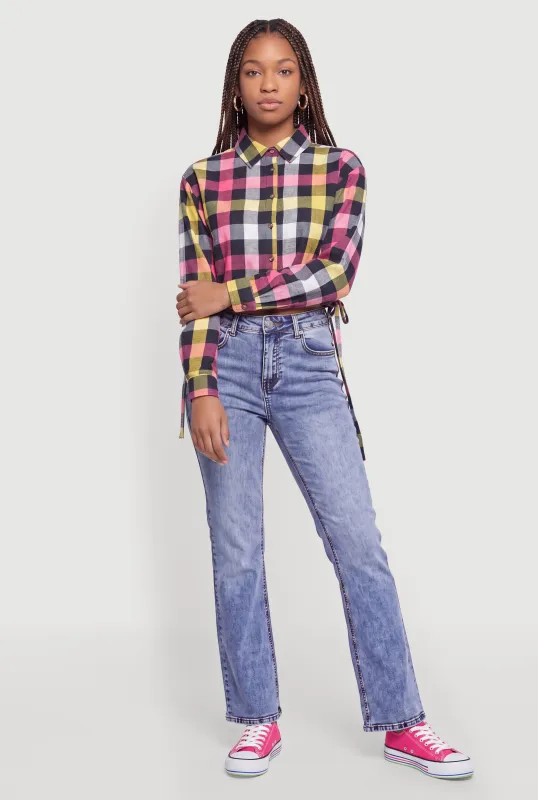 Cropped Plaid Button Front Drawstring Hem Shirt made by Rainbow