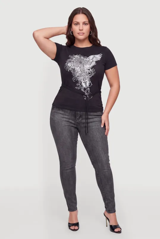 Plus Size O Ring Belted Front Cross Graphic Tee made by Rainbow