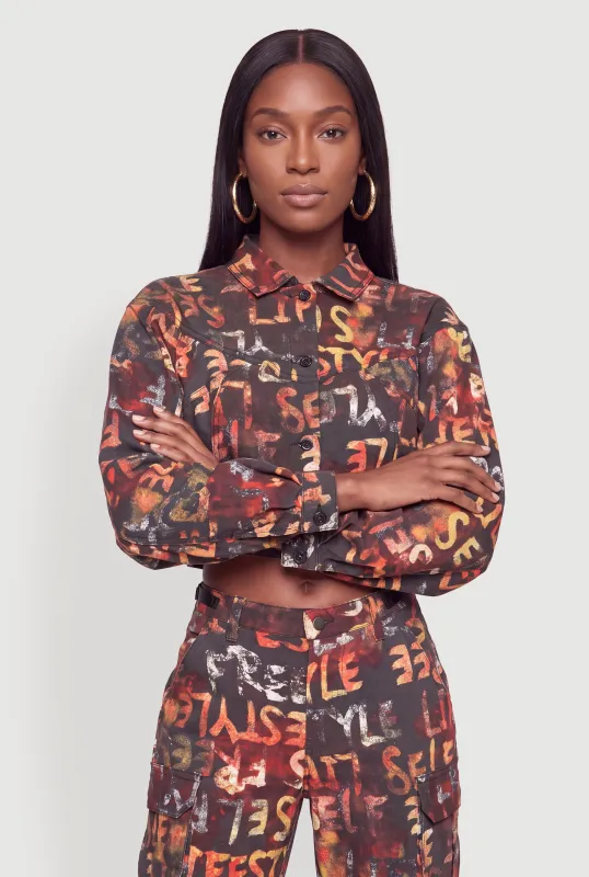 Graffiti Letter Print Cropped Jacket made by Rainbow