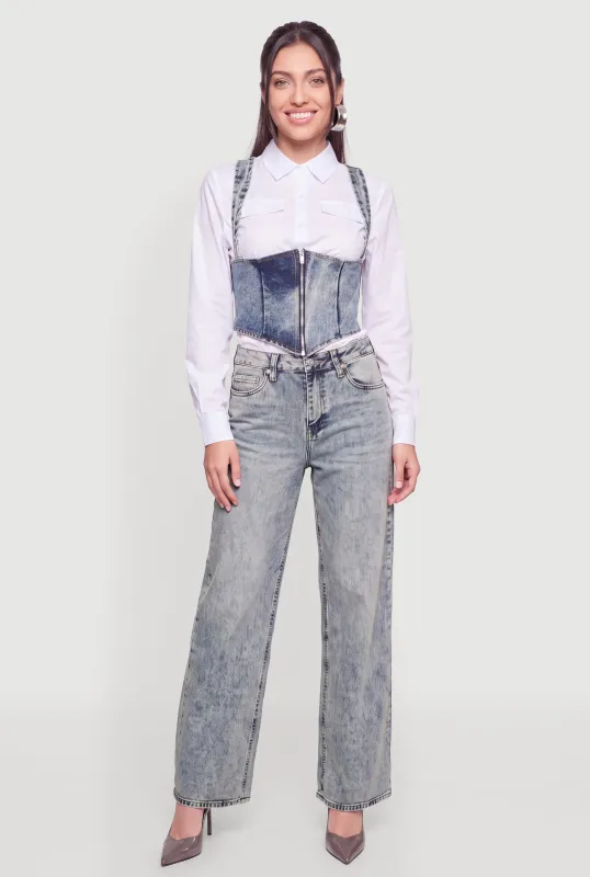 Acid Wash Lace Up Back Denim Corset with Long Sleeve Shirt made by Rainbow