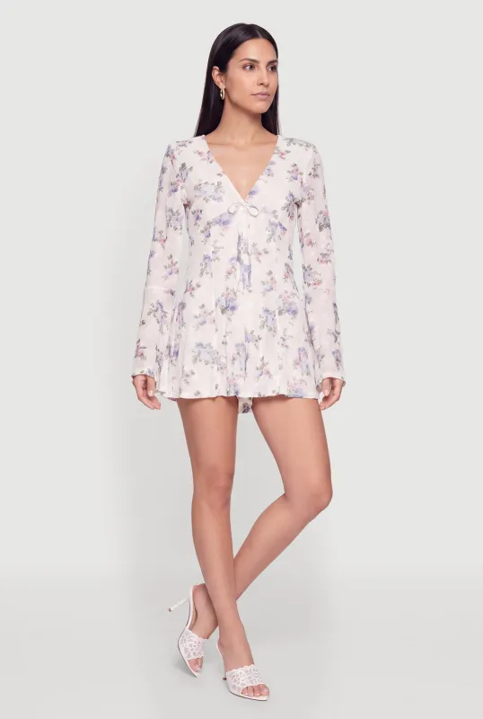 Floral Mesh Overlay Long Sleeve Bow Detail Romper made by Rainbow