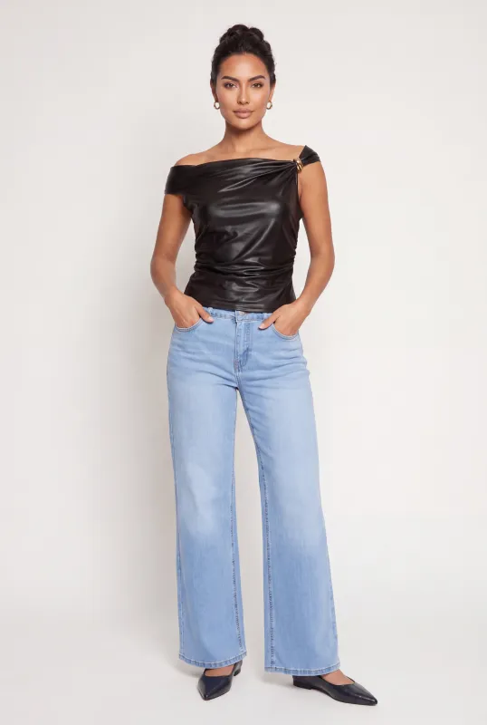 Faux Leather One Shoulder Metallic Detail Blouse made by Rainbow