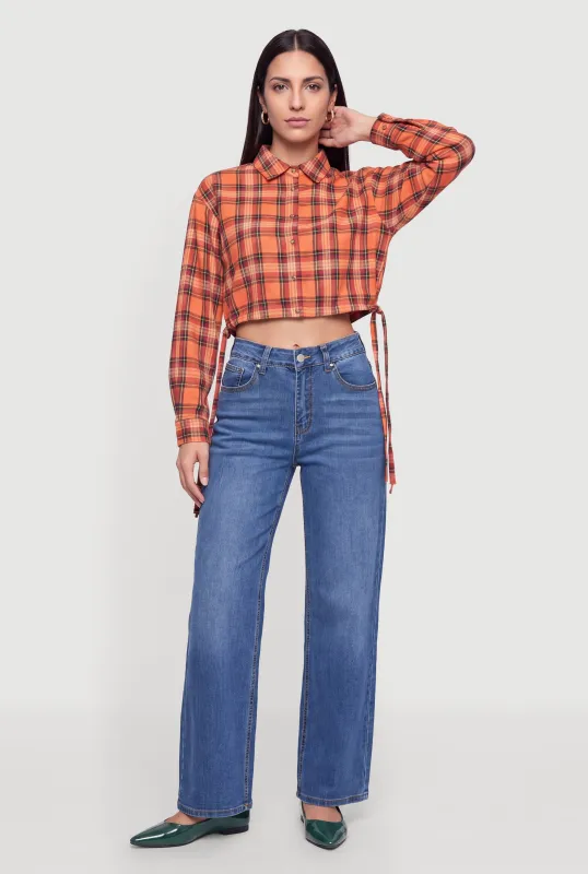 Cropped Plaid Button Front Drawstring Hem Shirt made by Rainbow