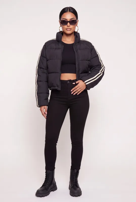 Contrast Trim Mock Neck Zip Front Puffer Jacket made by Rainbow