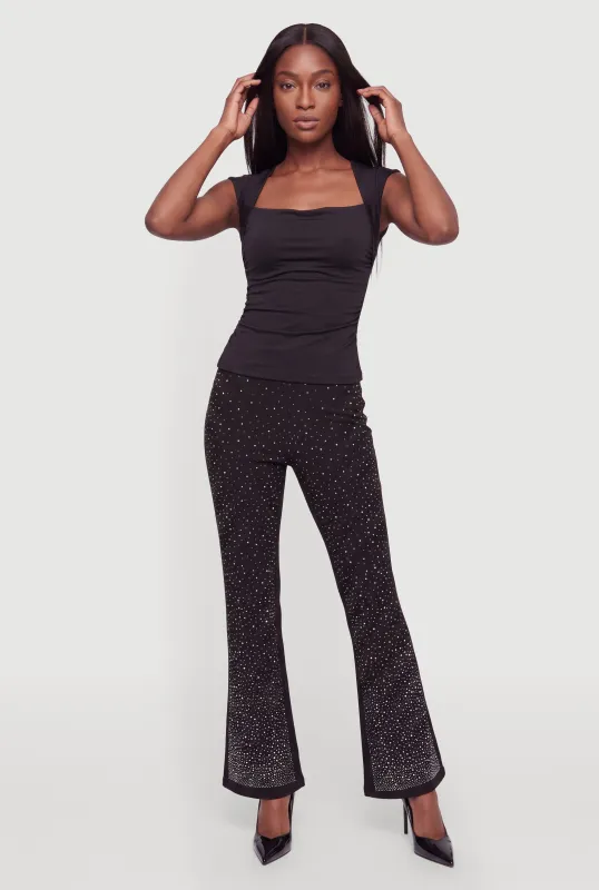 Rhinestone Studded Flare Leg Pull On Pants made by Rainbow