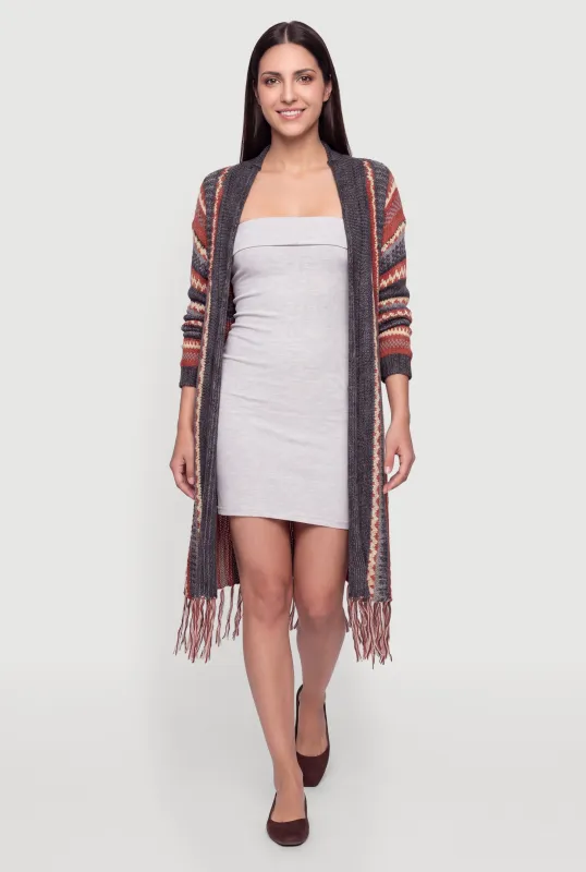 Aztec Fringe Open Front Long Cardigan made by Rainbow
