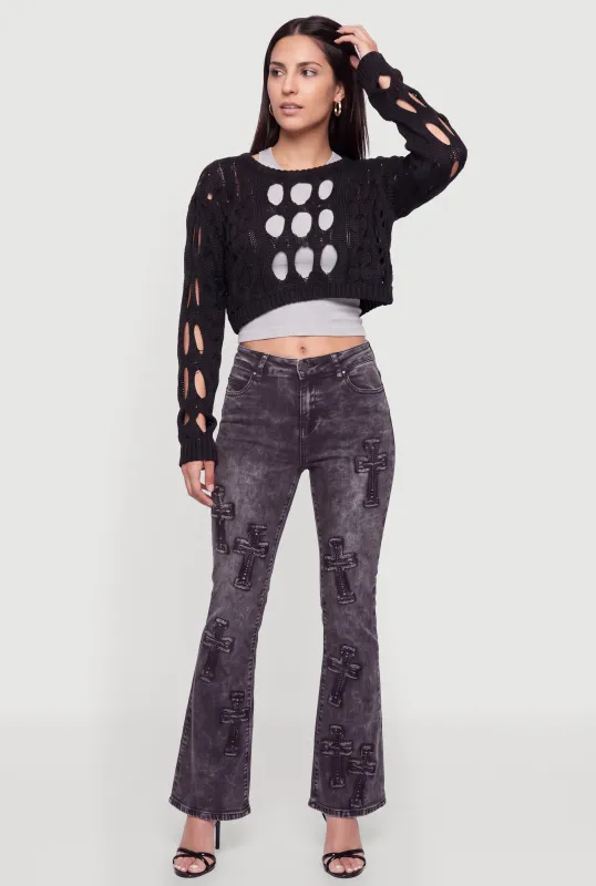 Cutout Cable Knit Cropped Sweater made by Rainbow