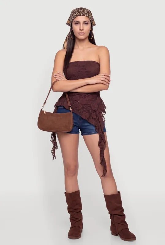 Floral Lace Side Ruched Asymmetrical Ruffle Trim Tube Top made by Rainbow