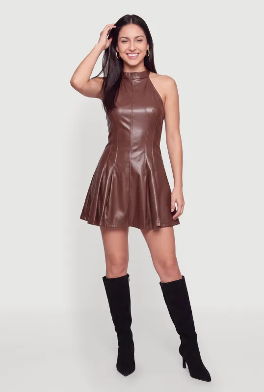 Faux Leather Halter Skater Mini Dress made by Rainbow