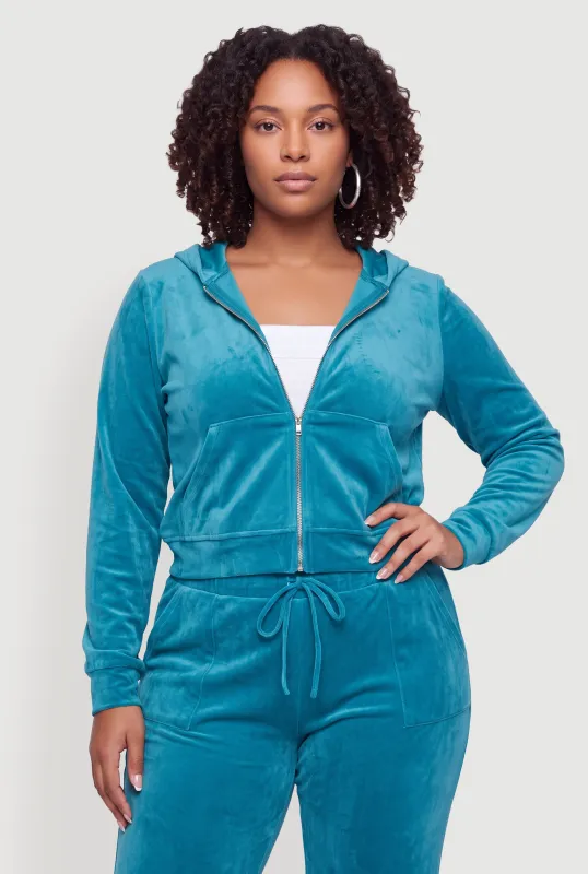 Plus Size Velour Zip Front Hoodie made by Rainbow
