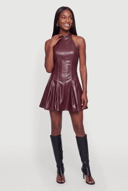 Faux Leather Halter Skater Mini Dress made by Rainbow
