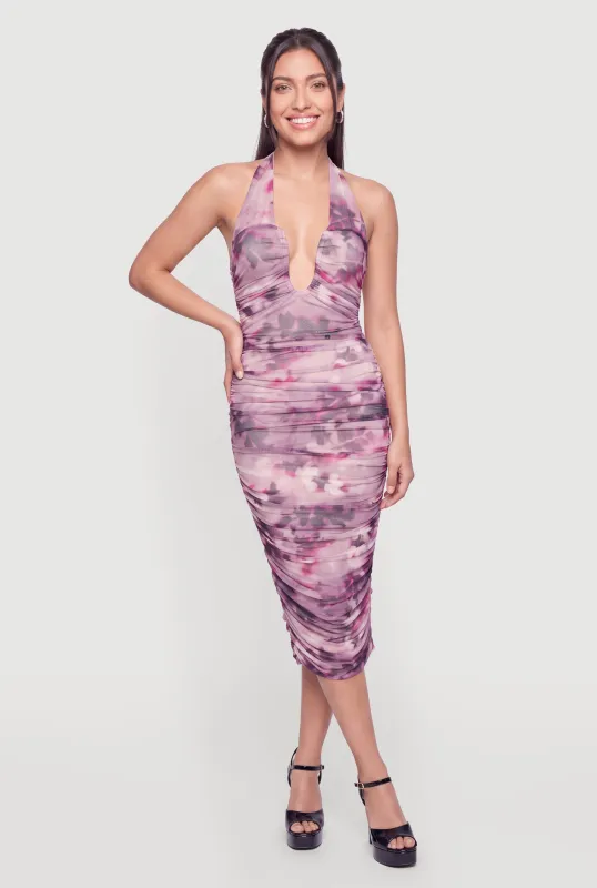 Printed Ruched Plunge Halter Midi Dress made by iris