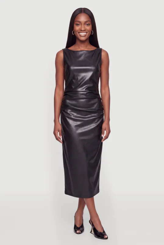 Faux Leather Ruched Sleeveless Midi Dress made by Rainbow