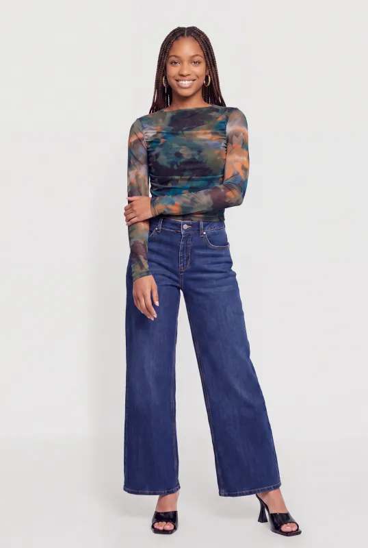 Mesh Printed Pattern Side Ruched Top made by Rainbow