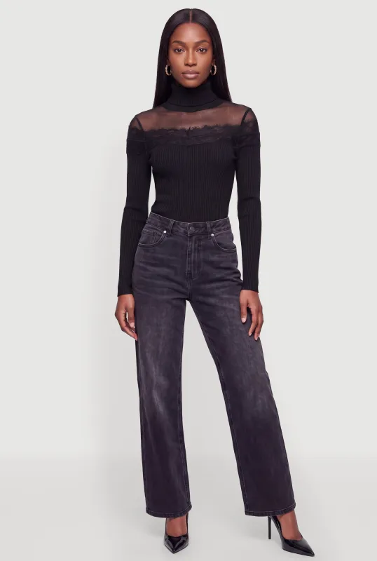 Lace Detail Mesh Yoke Long Sleeve Turtleneck Top made by iris