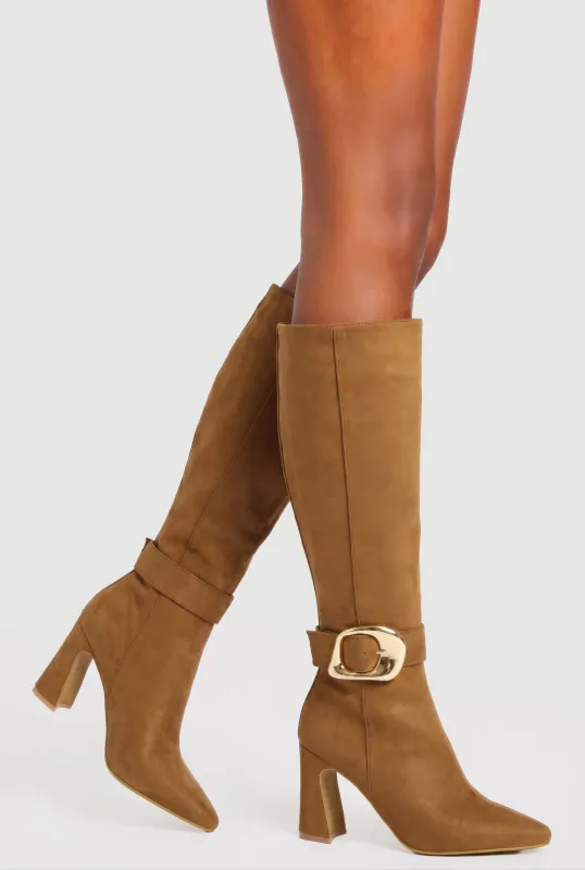 Buckle Strap Square Toe Knee High Boots made by Rainbow