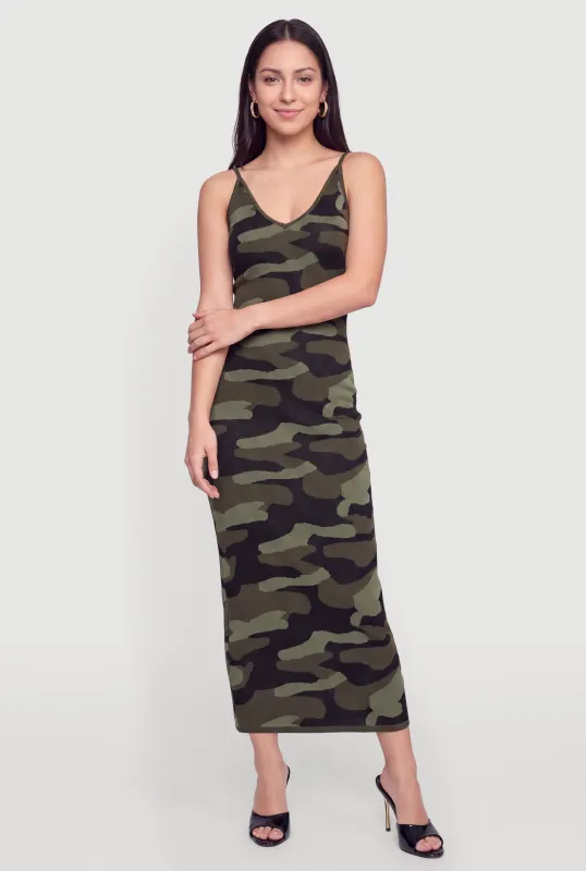 Camouflage V-Neck Maxi Sweater Dress made by Rainbow