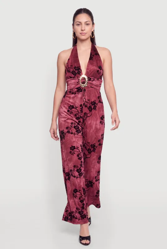 Floral Velvet Burnout Halter Jumpsuit made by Rainbow