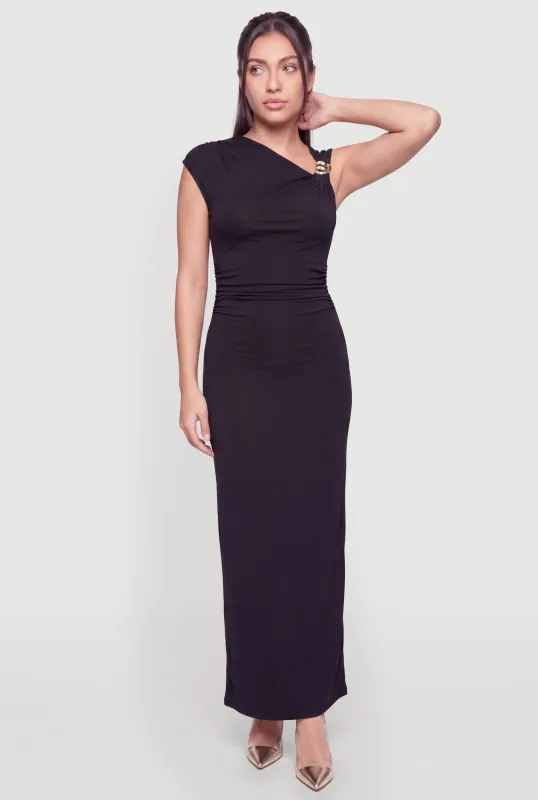 Ruched One Shoulder Metallic Detail Maxi Dress made by Rainbow