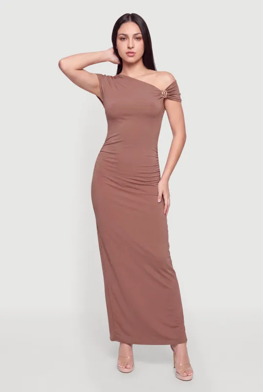 Ruched One Shoulder Metallic Detail Maxi Dress made by Rainbow