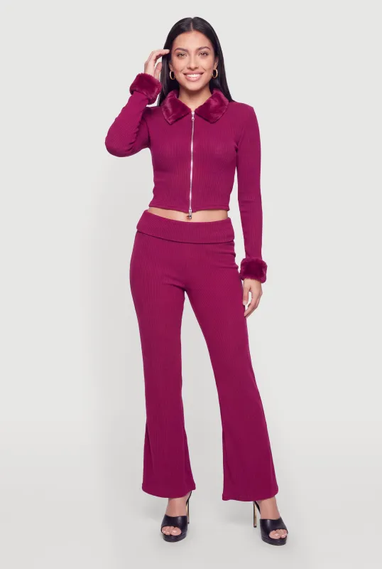 Brushed Ribbed Knit Fold Over Flare Leg Pants made by Rainbow