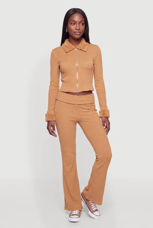 Brushed Ribbed Knit Fold Over Flare Leg Pants made by Rainbow
