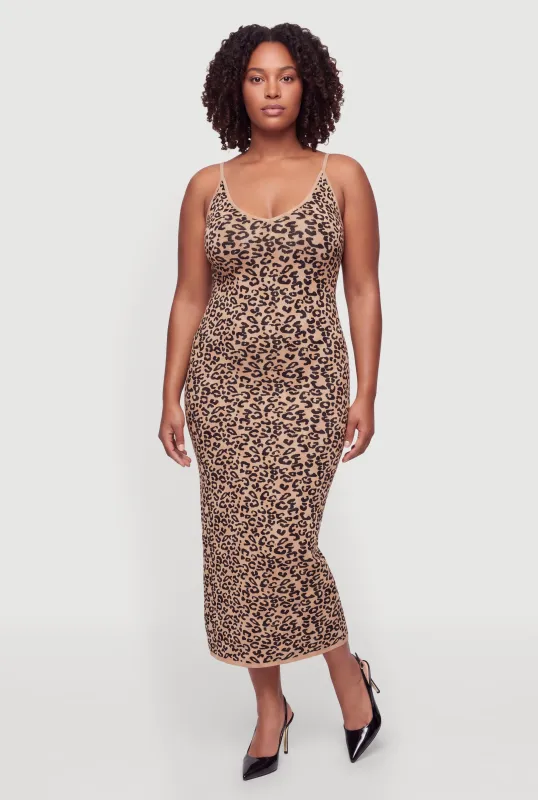Plus Size Leopard Print Knit Cami Maxi Dress made by Rainbow