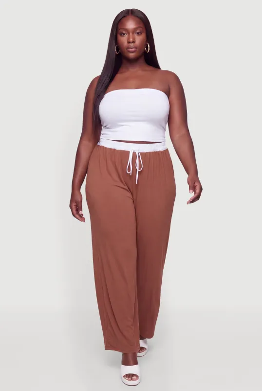 Plus Size Contrast Waistband Wide Leg Pants made by Rainbow