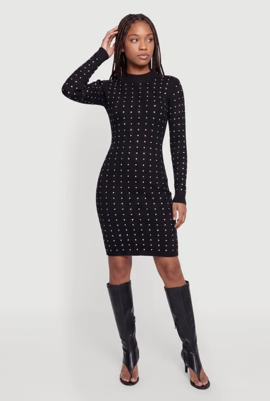 Rhinestone Mock Neck Long Sleeve Mini Dress made by Almost Famous