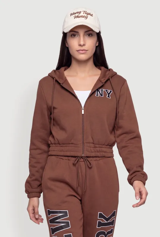 NY Graphic Zip Front Crop Hooded Sweatshirt made by Rainbow