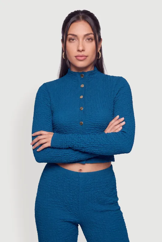 Textured Knit Long Sleeve Button Front Crop Top made by Rainbow