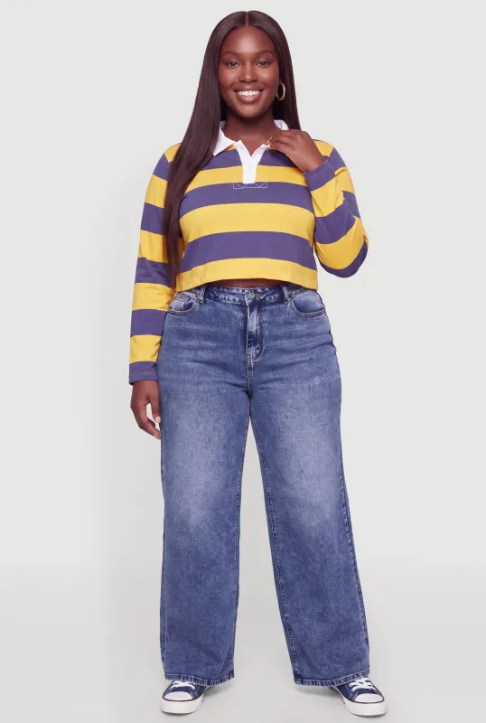 Plus Size Striped Fleece Cropped Rugby Polo Top made by Almost Famous