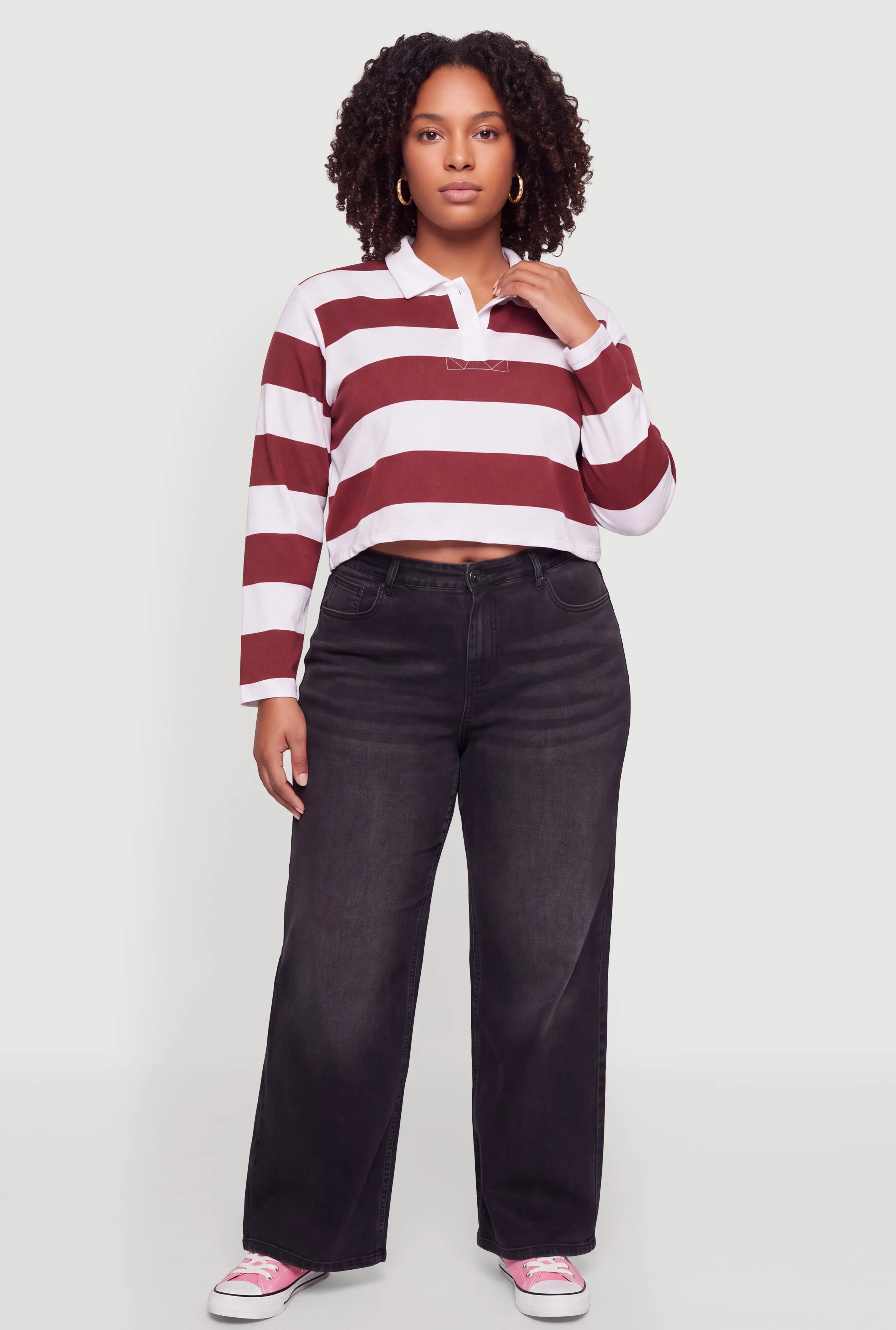 Plus Size Striped Fleece Cropped Rugby Polo Top sold by Rainbow product image thumbnail 4