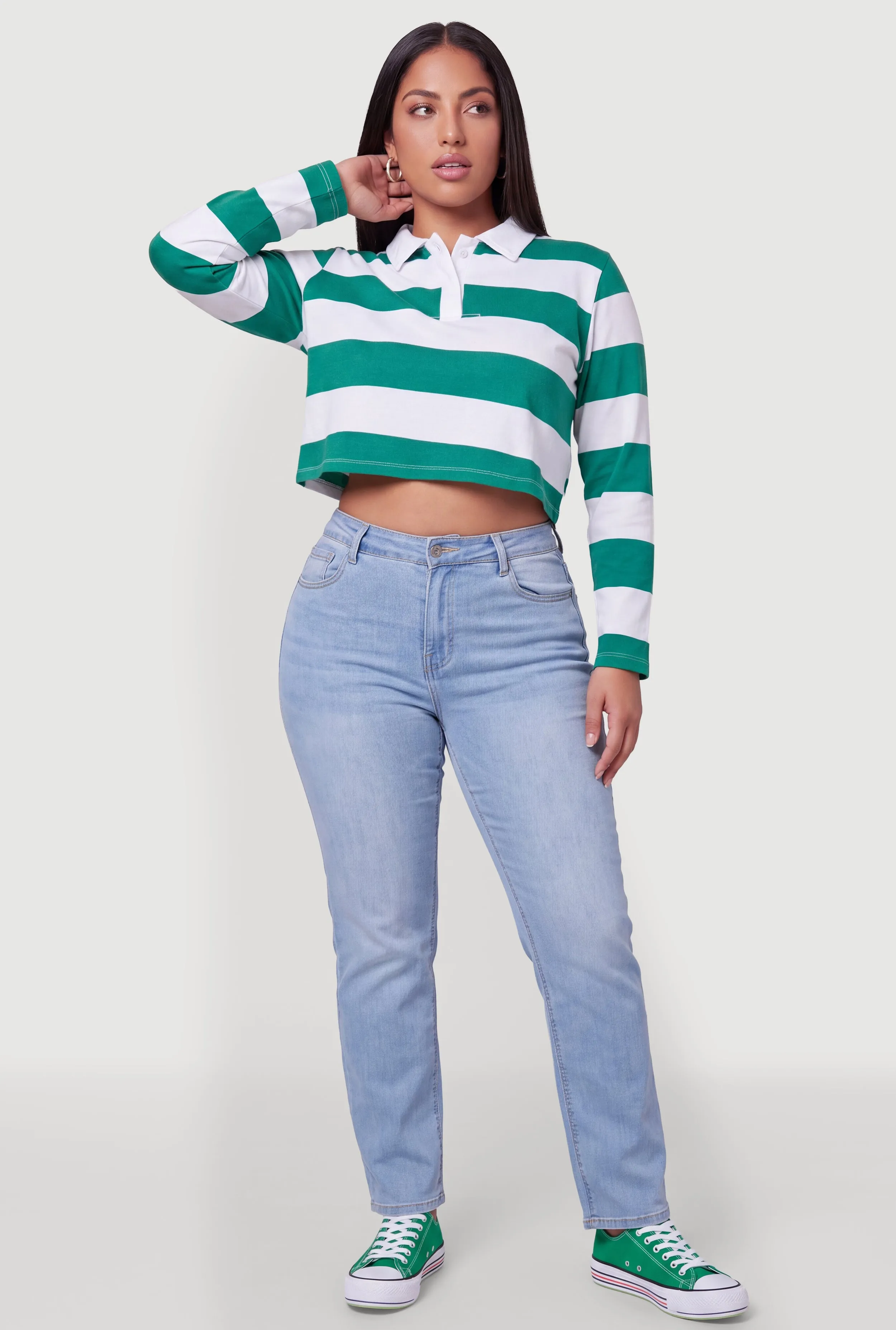 Plus Size Striped Fleece Cropped Rugby Polo Top sold by Rainbow product image thumbnail 3