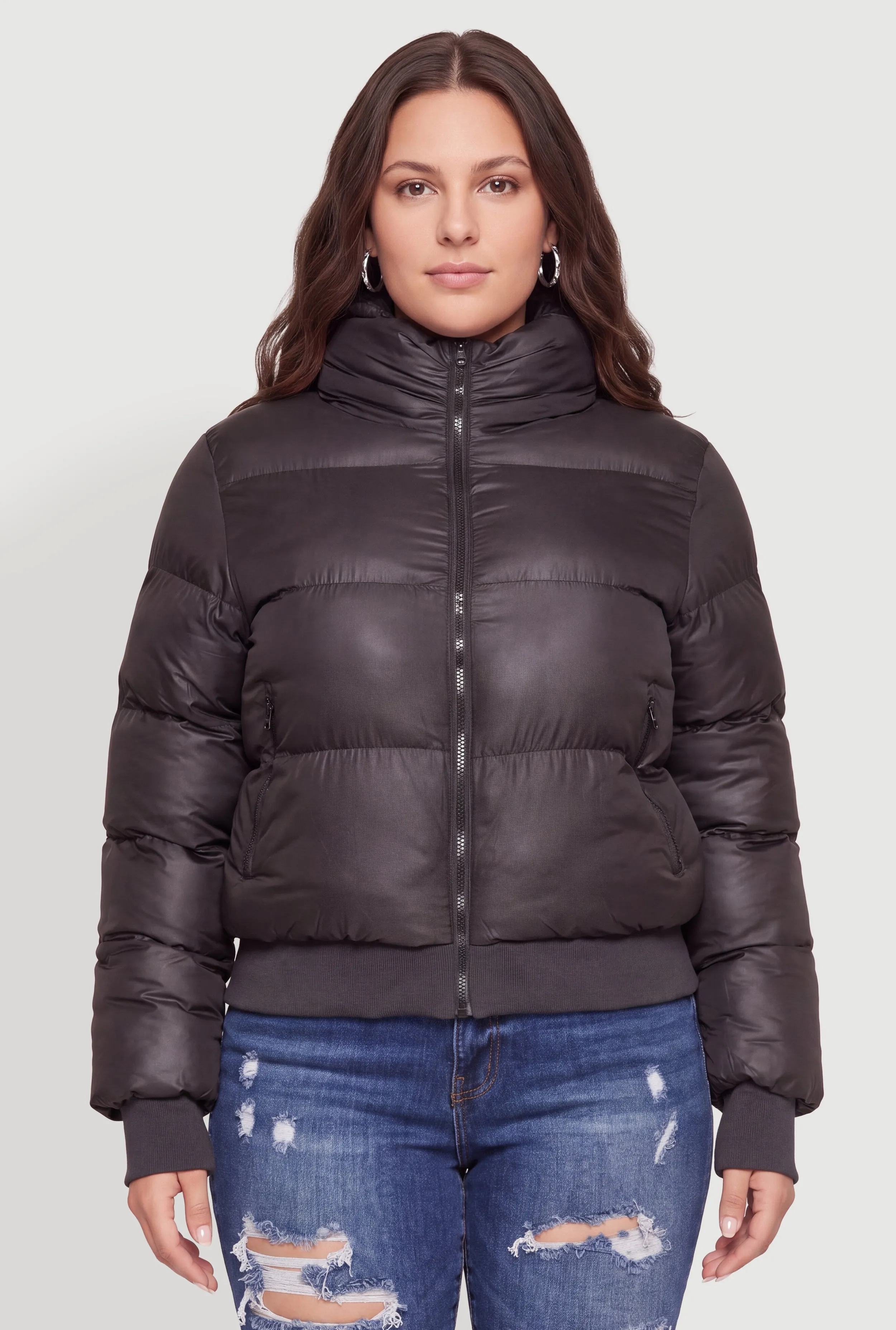 Plus Size Long Sleeve Zip Front Hooded Puffer Jacket sold by Rainbow product image thumbnail 2