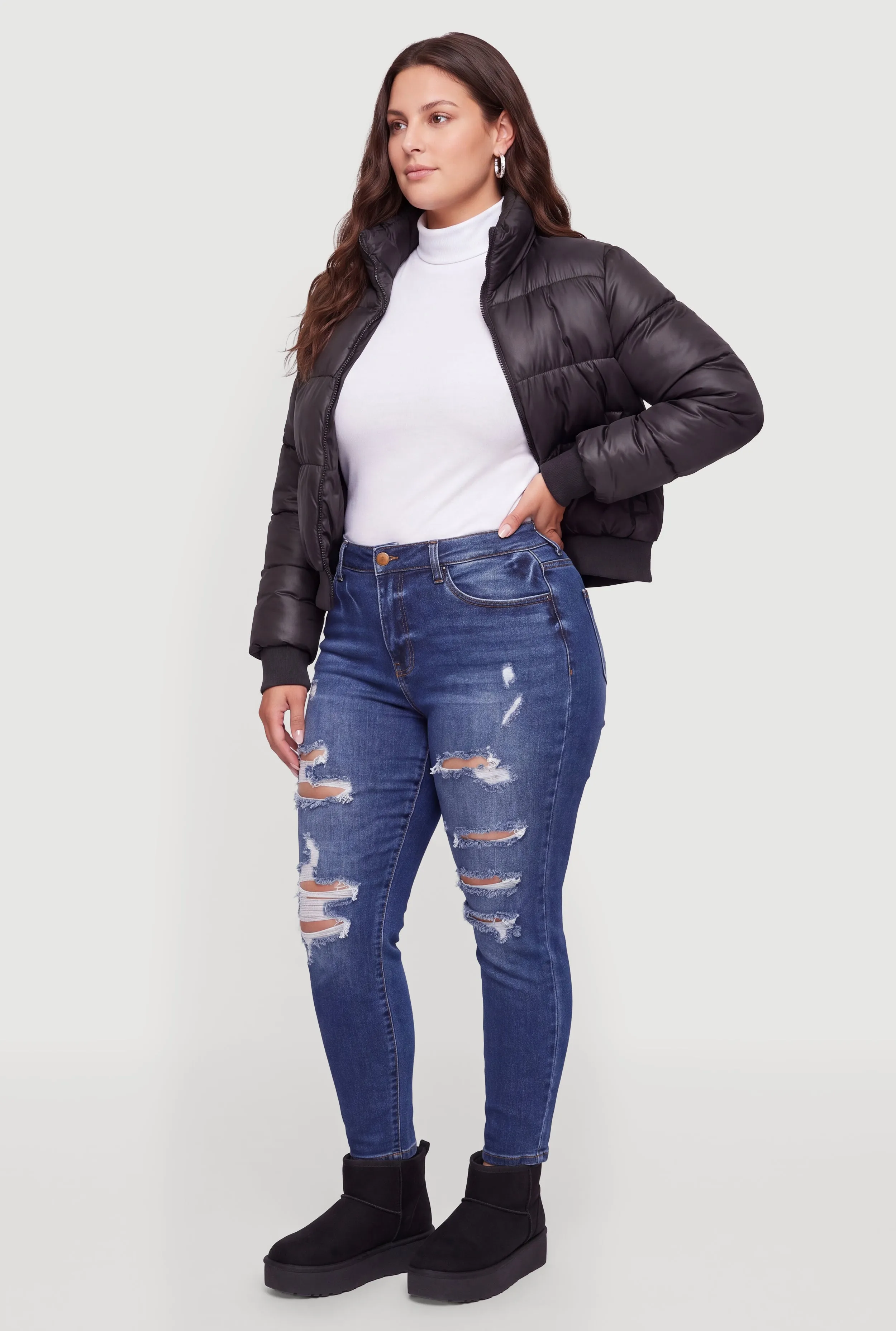 Plus Size Long Sleeve Zip Front Hooded Puffer Jacket sold by Rainbow product image thumbnail 3