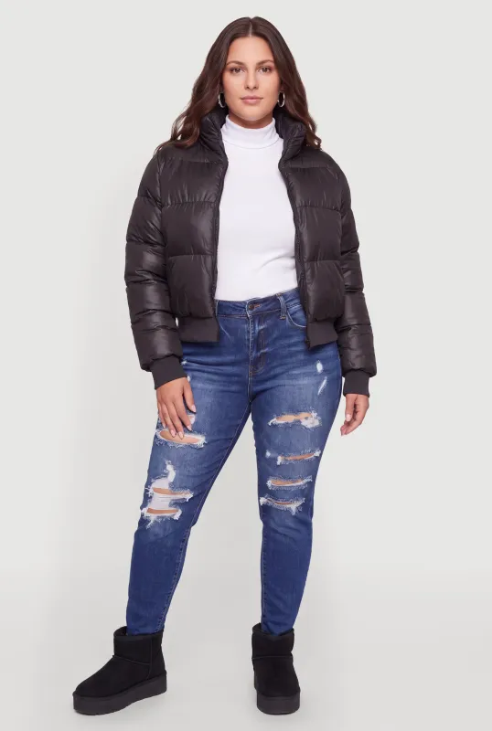 Plus Size Long Sleeve Zip Front Hooded Puffer Jacket made by Rainbow